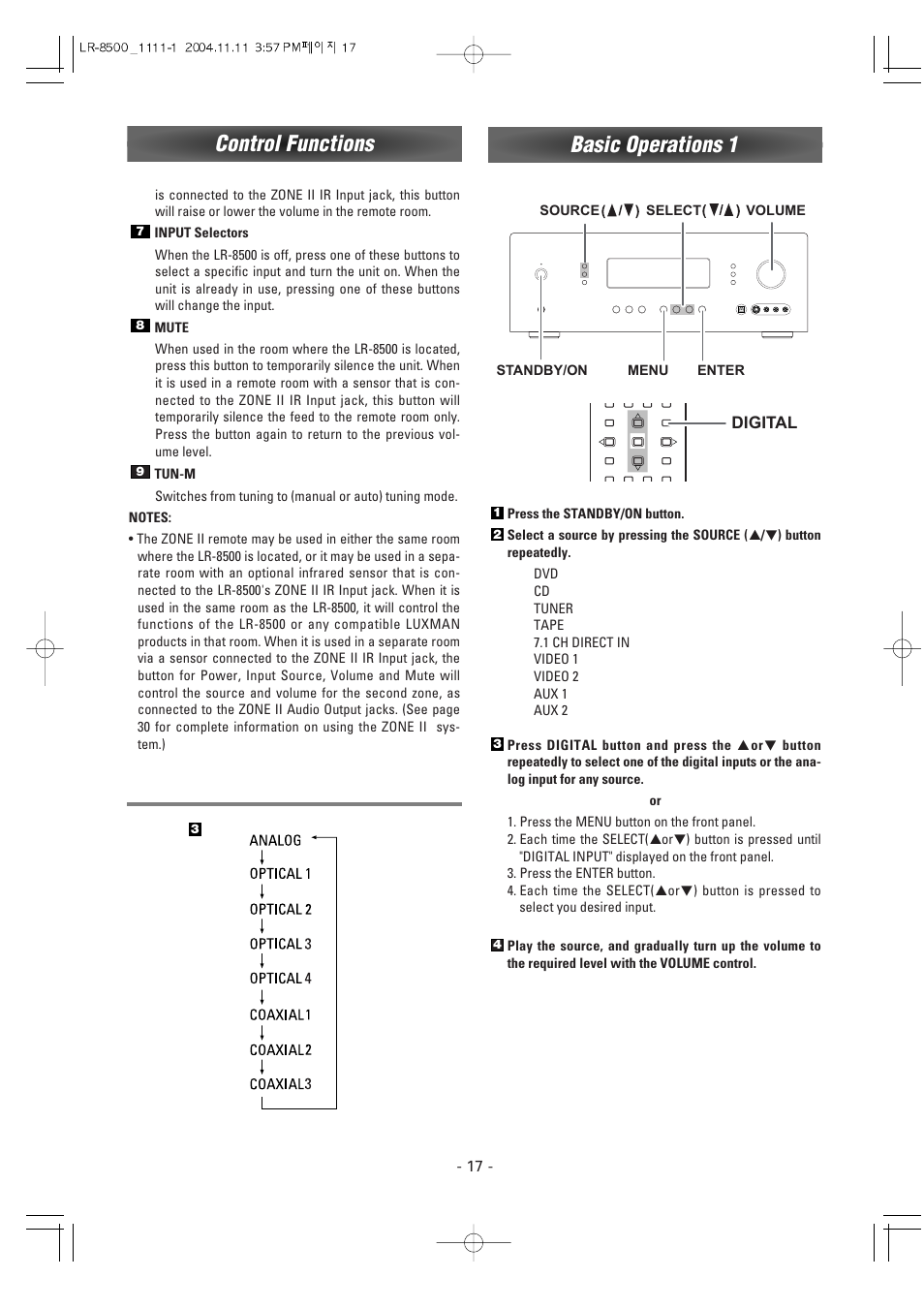 Basic operations 1, Control functions | Luxman LR-8500 User Manual | Page 17 / 41