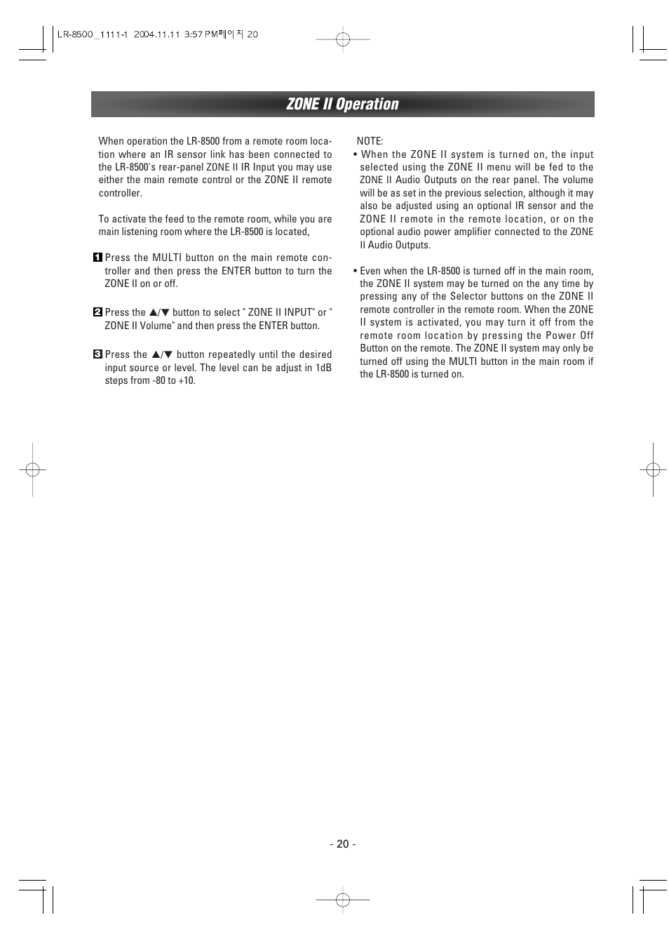 Zone ii operation | Luxman LR-8500 User Manual | Page 20 / 41