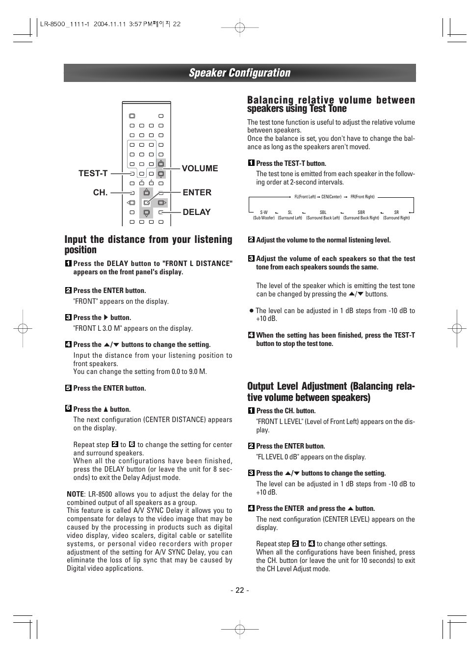 Speaker configuration, Input the distance from your listening position | Luxman LR-8500 User Manual | Page 22 / 41