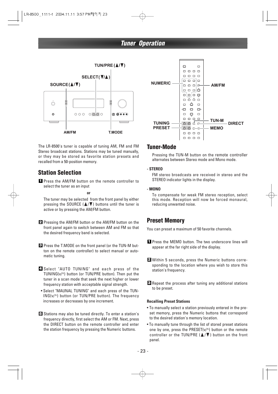 Tuner operation, Station selection, Tuner-mode | Luxman LR-8500 User Manual | Page 23 / 41