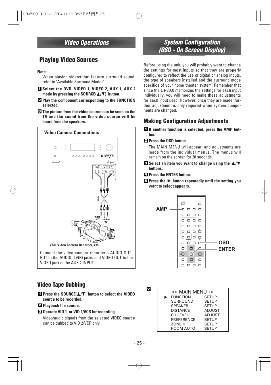 Playing video sources, Video tape dubbing, Making configuration adjustments | Luxman LR-8500 User Manual | Page 25 / 41