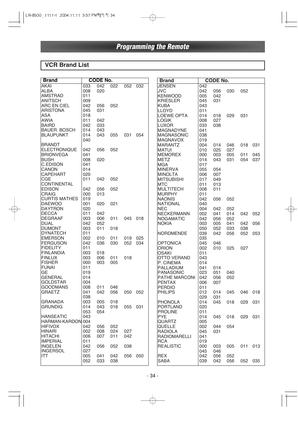 Programming the remote, Vcr brand list | Luxman LR-8500 User Manual | Page 34 / 41