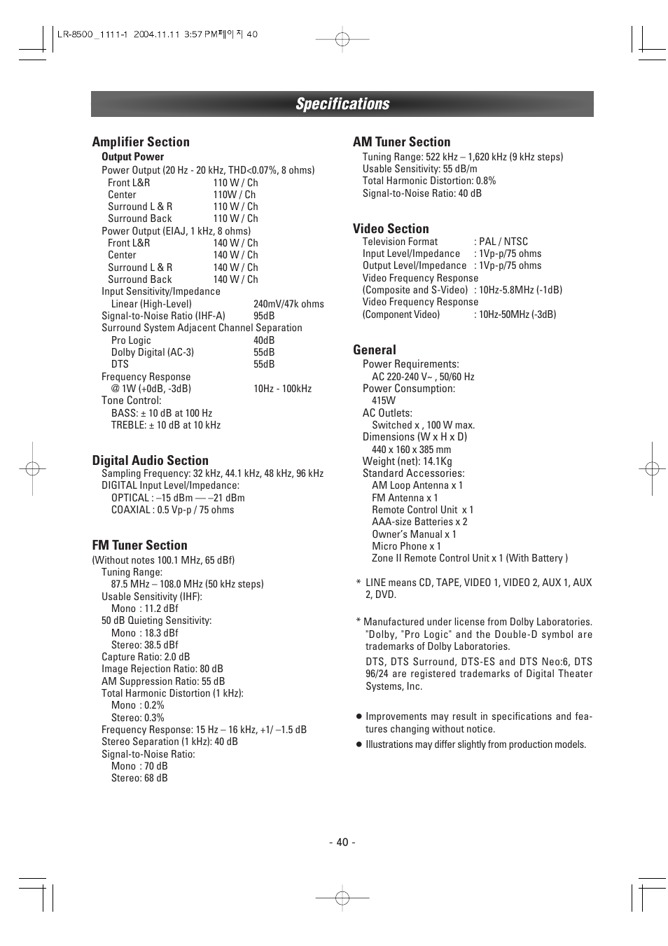 Specifications, General | Luxman LR-8500 User Manual | Page 40 / 41