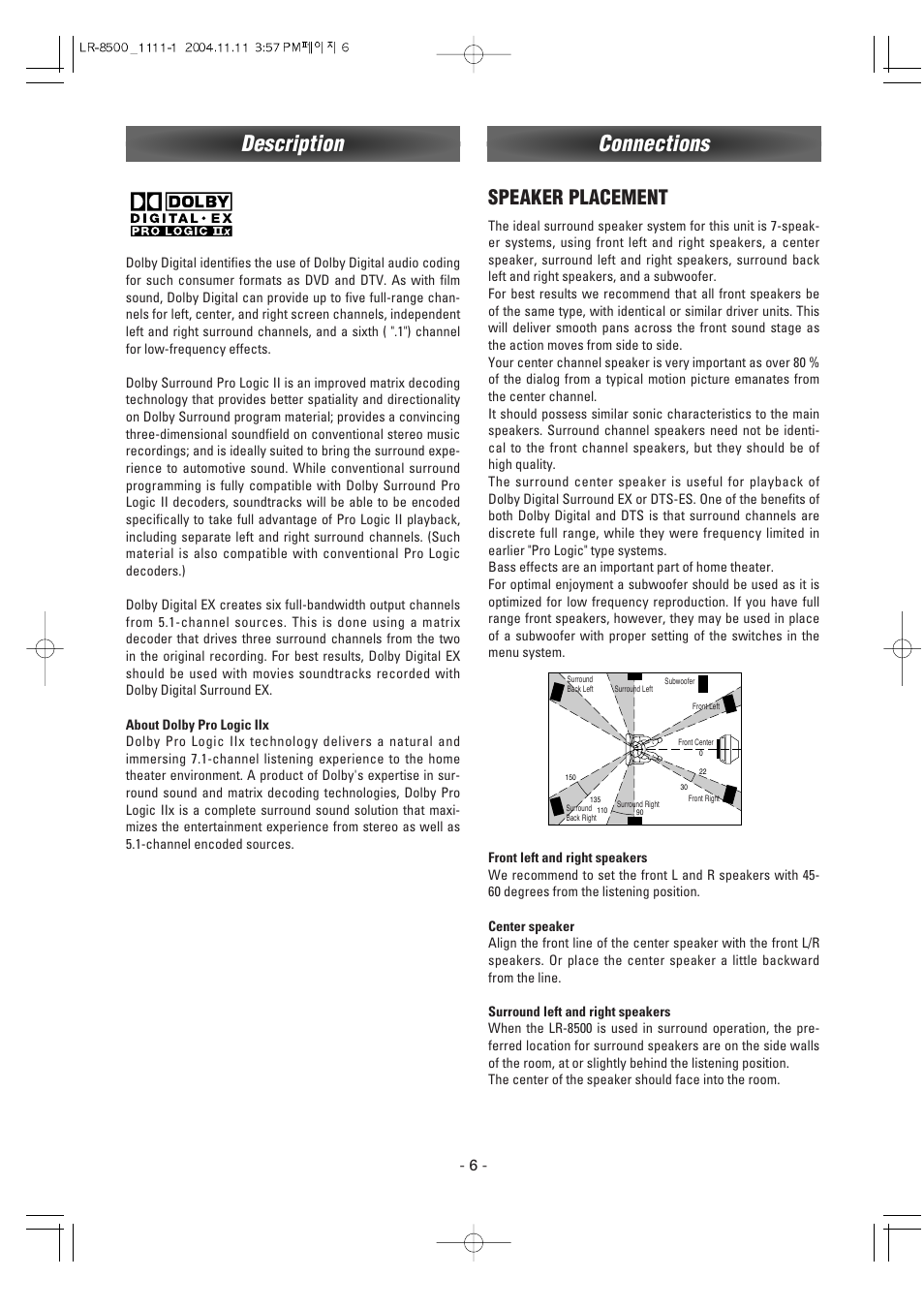 Connections, Description, Speaker placement | Luxman LR-8500 User Manual | Page 6 / 41