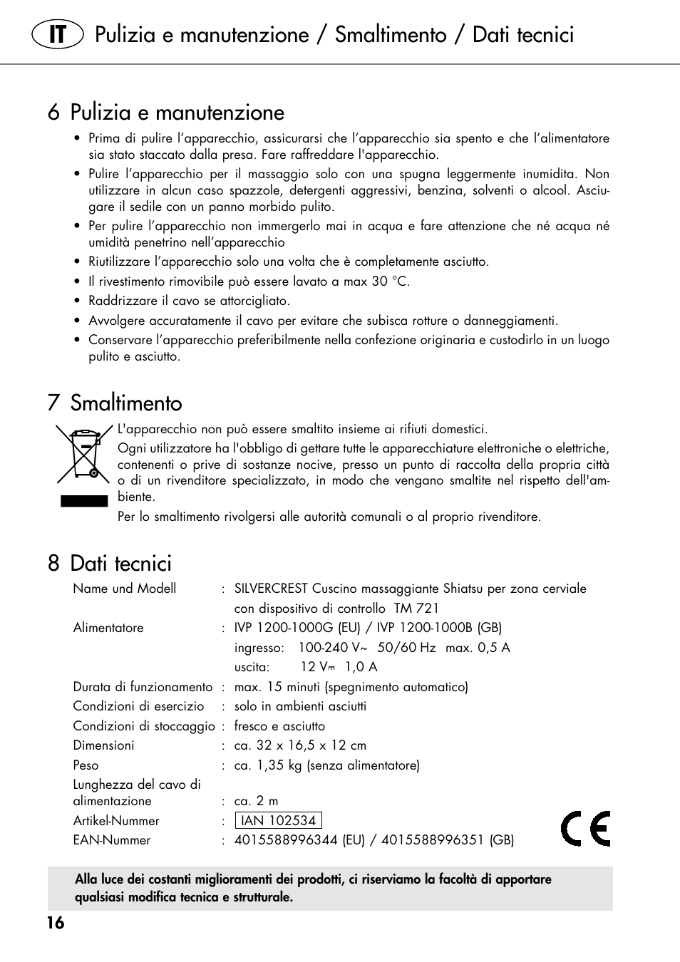 7 smaltimento, 8 dati tecnici | Silvercrest SHIATSU NECK MASSAGE CUSHION User Manual | Page 22 / 52