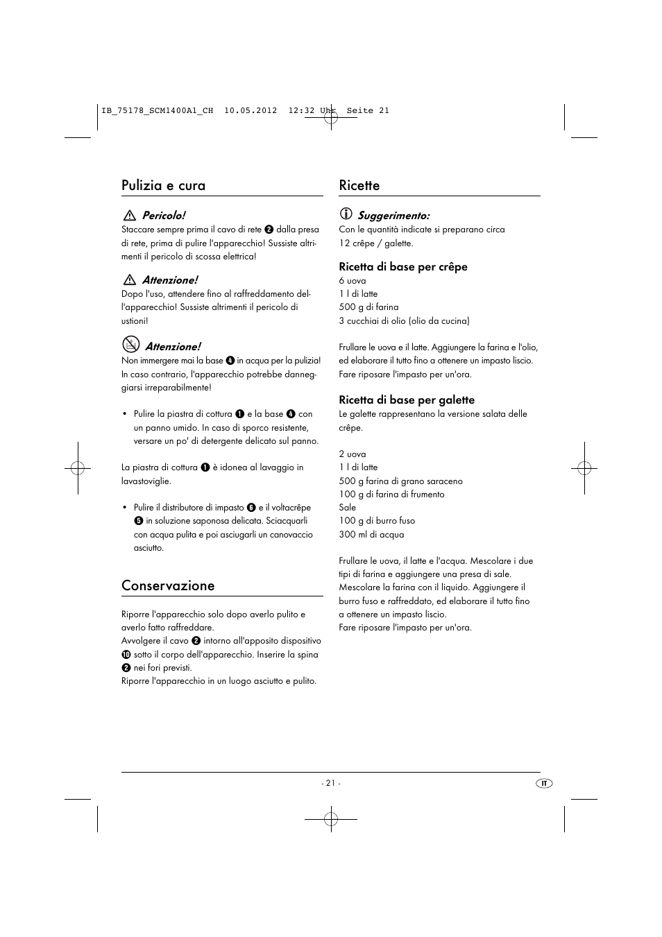 Pulizia e cura, Conservazione, Ricette | Silvercrest SCM 1400 A1 User Manual | Page 23 / 33