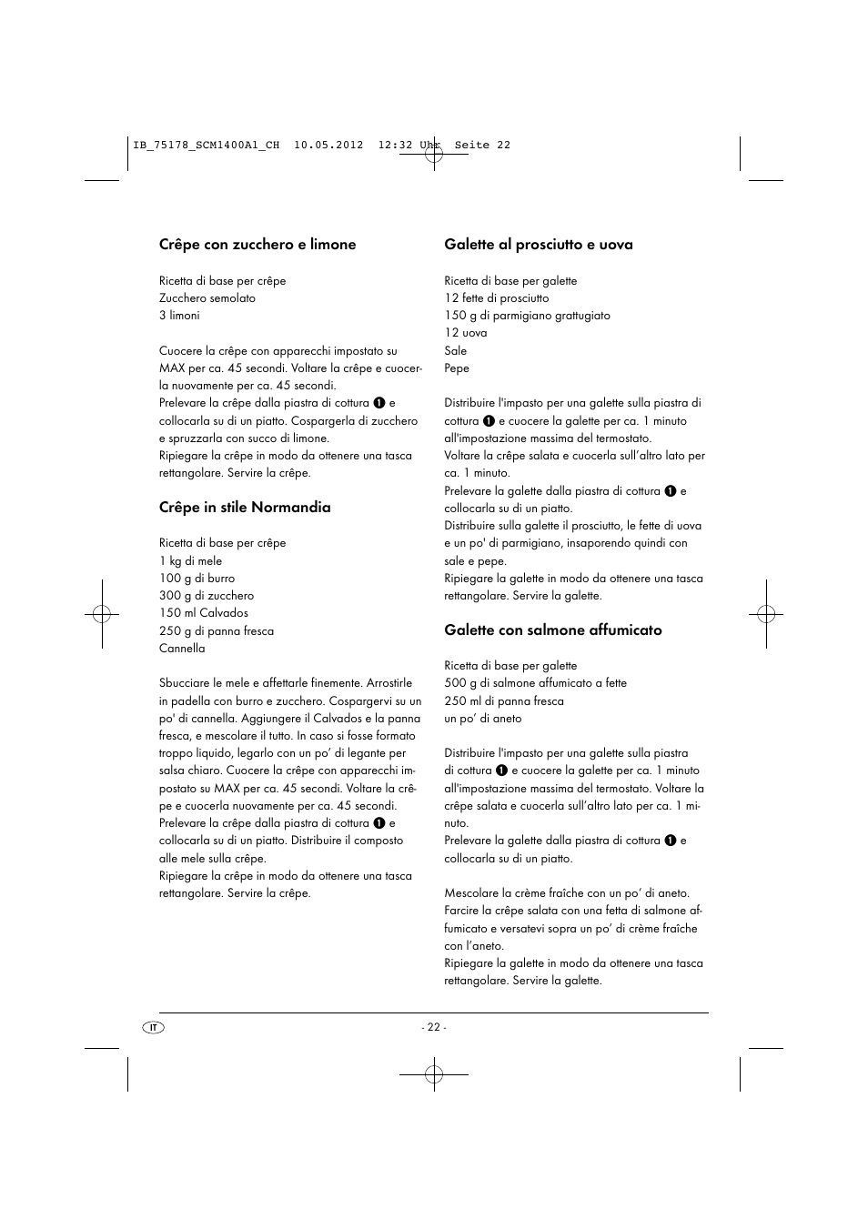 Crêpe con zucchero e limone, Crêpe in stile normandia, Galette al prosciutto e uova | Galette con salmone affumicato | Silvercrest SCM 1400 A1 User Manual | Page 24 / 33