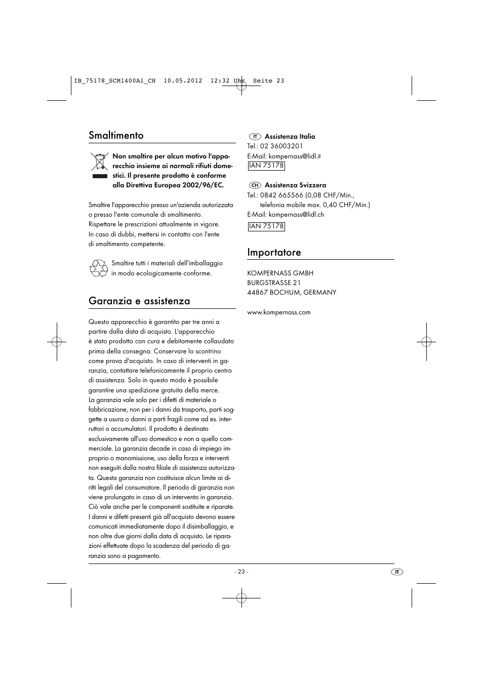Smaltimento, Garanzia e assistenza, Importatore | Silvercrest SCM 1400 A1 User Manual | Page 25 / 33