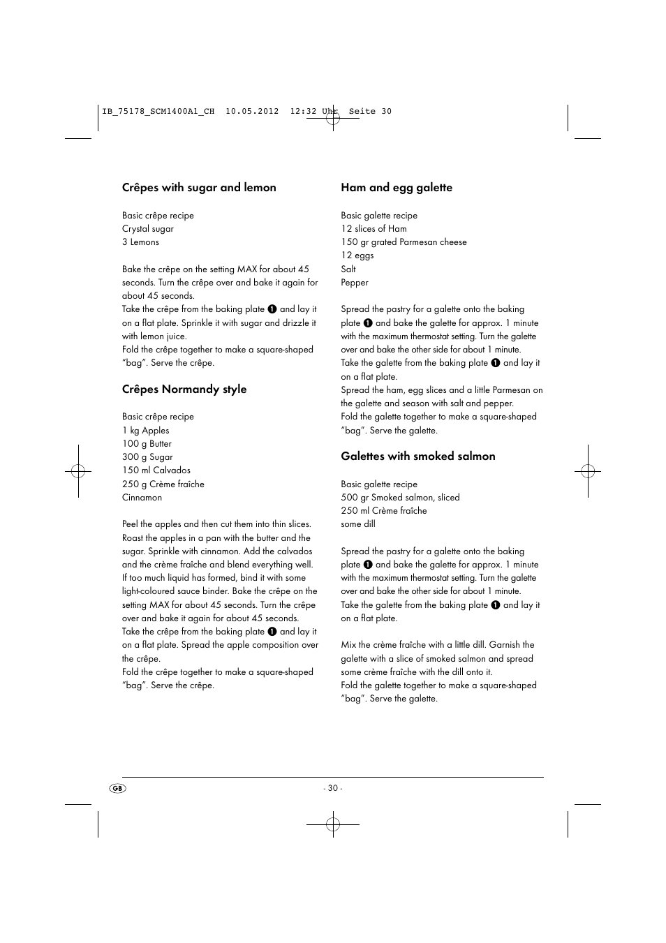 Crêpes with sugar and lemon, Crêpes normandy style, Ham and egg galette | Galettes with smoked salmon | Silvercrest SCM 1400 A1 User Manual | Page 32 / 33
