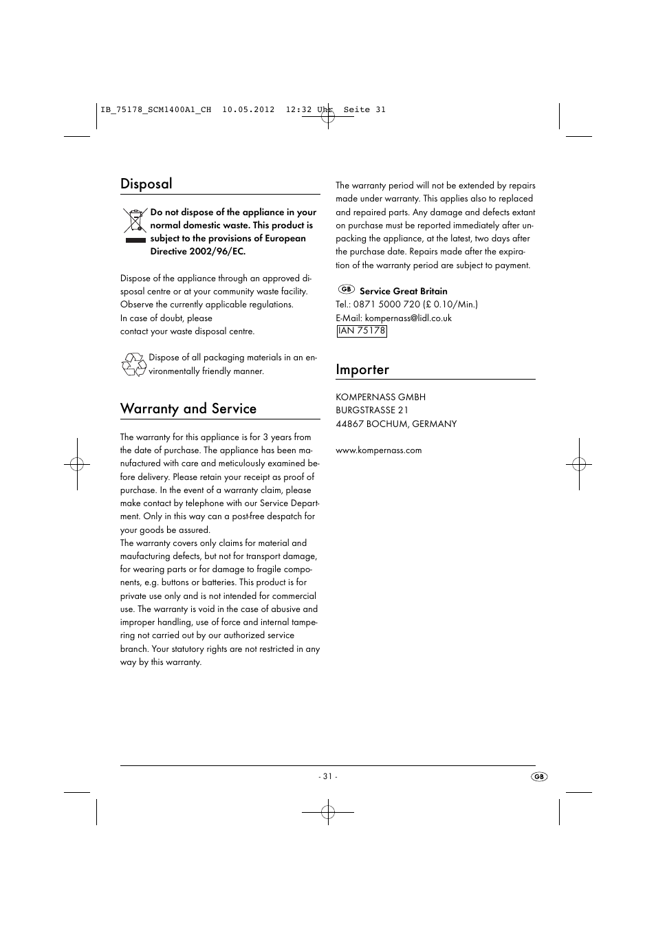 Disposal, Warranty and service, Importer | Silvercrest SCM 1400 A1 User Manual | Page 33 / 33