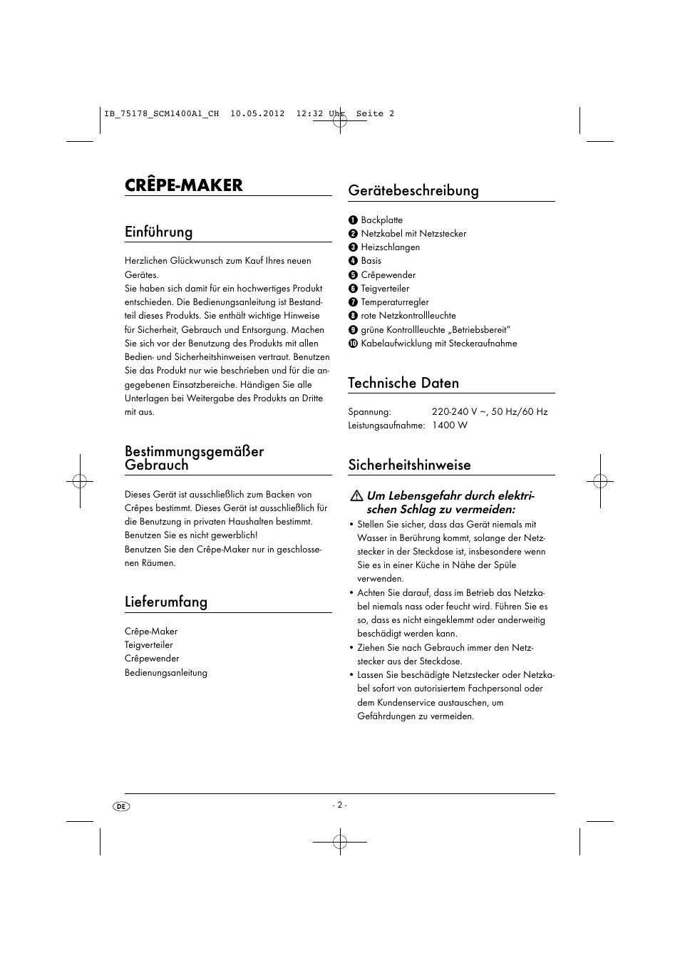 Crêpe-maker, Einführung, Bestimmungsgemäßer gebrauch | Lieferumfang, Gerätebeschreibung, Technische daten, Sicherheitshinweise | Silvercrest SCM 1400 A1 User Manual | Page 4 / 33