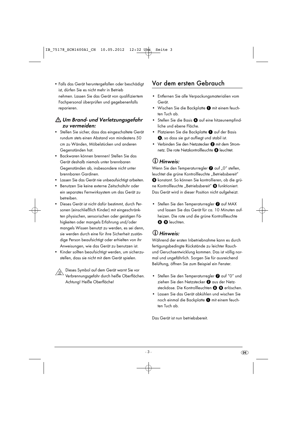 Vor dem ersten gebrauch, Um brand- und verletzungsgefahr zu vermeiden, Hinweis | Silvercrest SCM 1400 A1 User Manual | Page 5 / 33