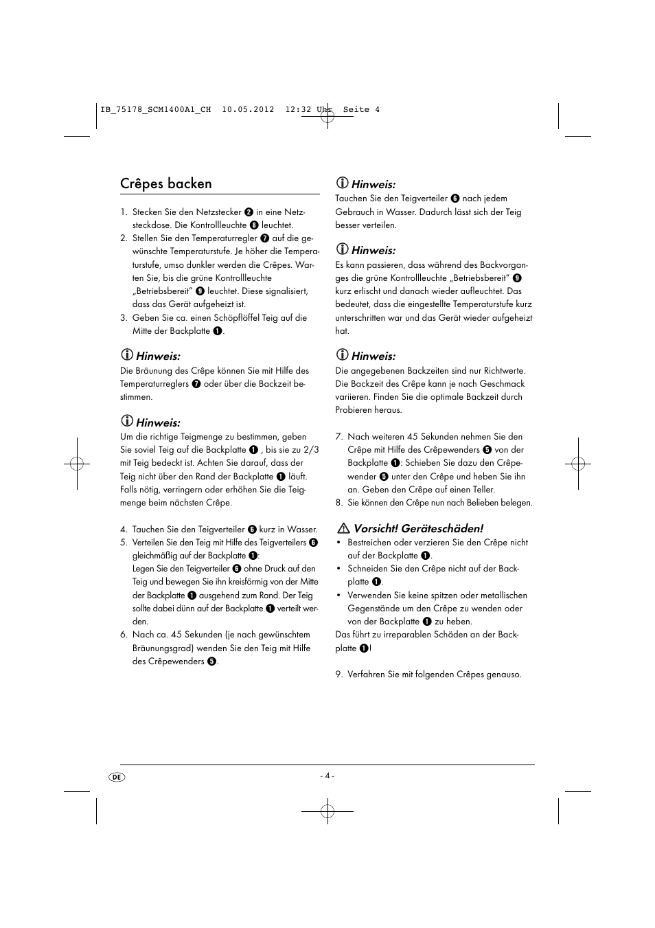 Crêpes backen, Hinweis, Vorsicht! geräteschäden | Silvercrest SCM 1400 A1 User Manual | Page 6 / 33