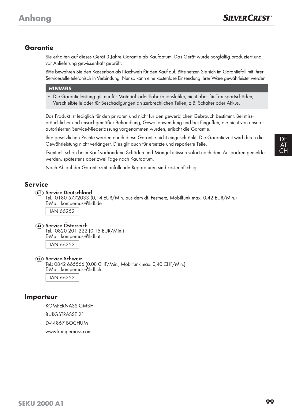 Anhang, Service, Importeur | Silvercrest SEKU 2000 A1 User Manual | Page 100 / 101