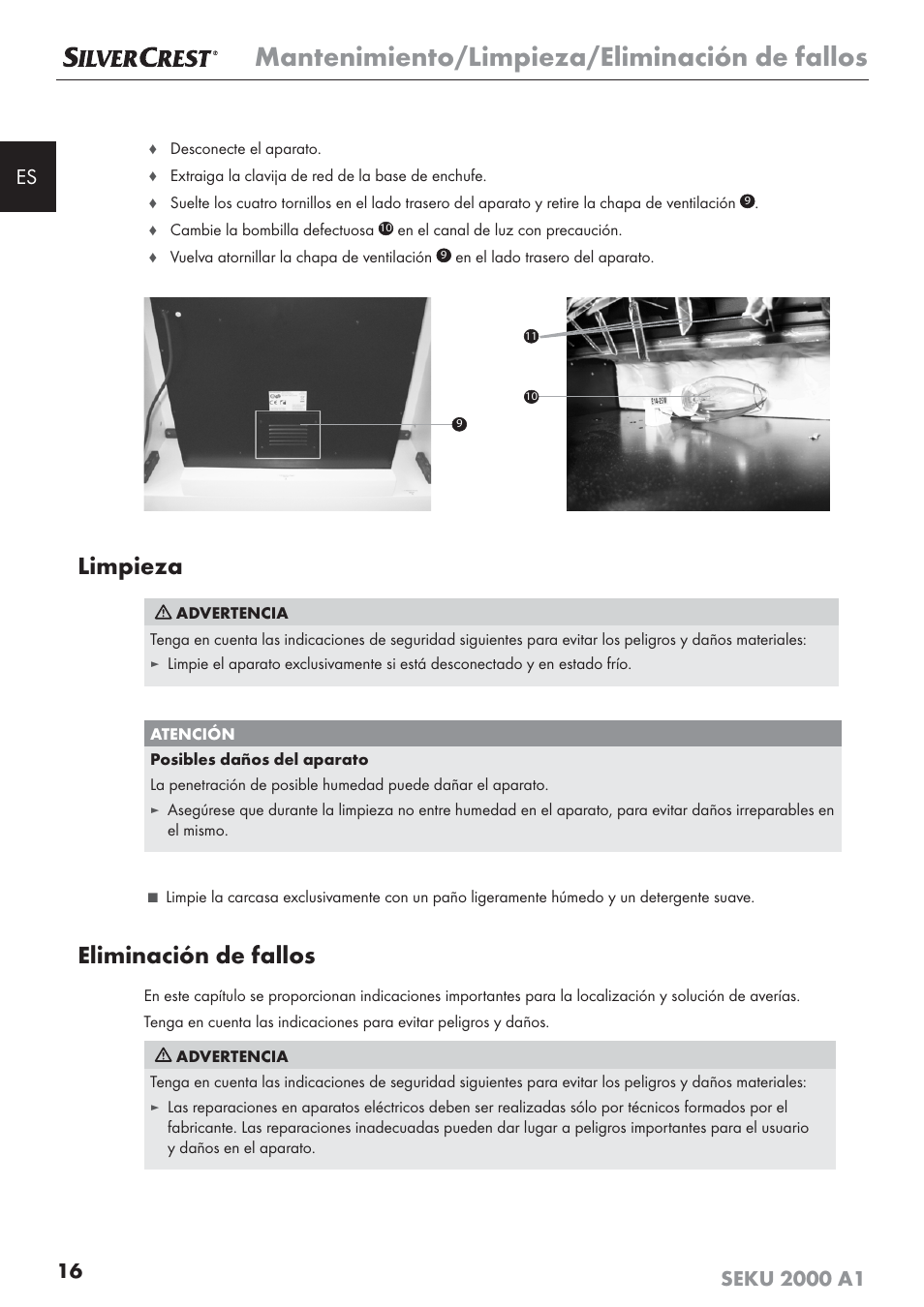 Mantenimiento/limpieza/eliminación de fallos, Limpieza, Eliminación de fallos | Silvercrest SEKU 2000 A1 User Manual | Page 17 / 101