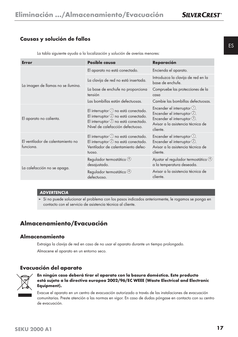 Eliminación …/almacenamiento/evacuación, Almacenamiento/evacuación, Almacenamiento | Evacuación del aparato | Silvercrest SEKU 2000 A1 User Manual | Page 18 / 101