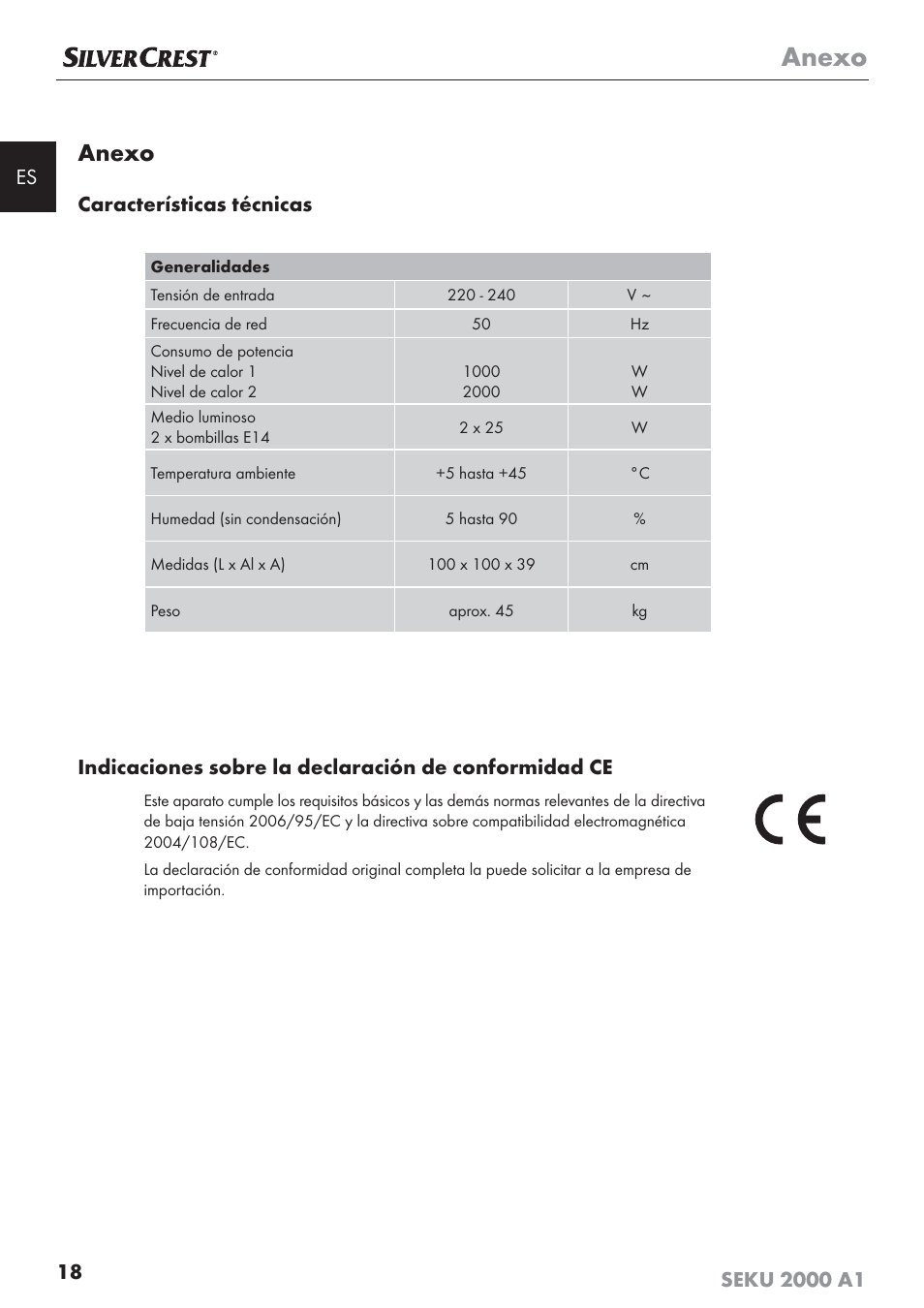 Anexo, Características técnicas | Silvercrest SEKU 2000 A1 User Manual | Page 19 / 101