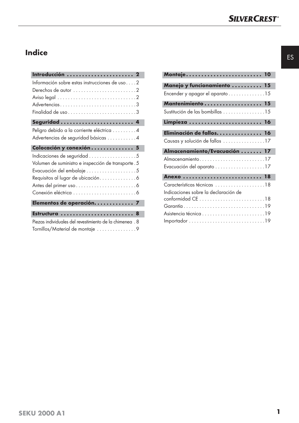 Indice | Silvercrest SEKU 2000 A1 User Manual | Page 2 / 101