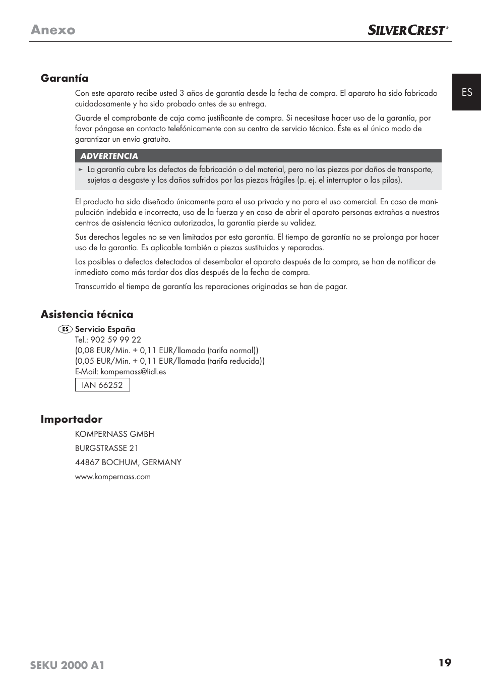 Anexo, Asistencia técnica, Importador | Silvercrest SEKU 2000 A1 User Manual | Page 20 / 101