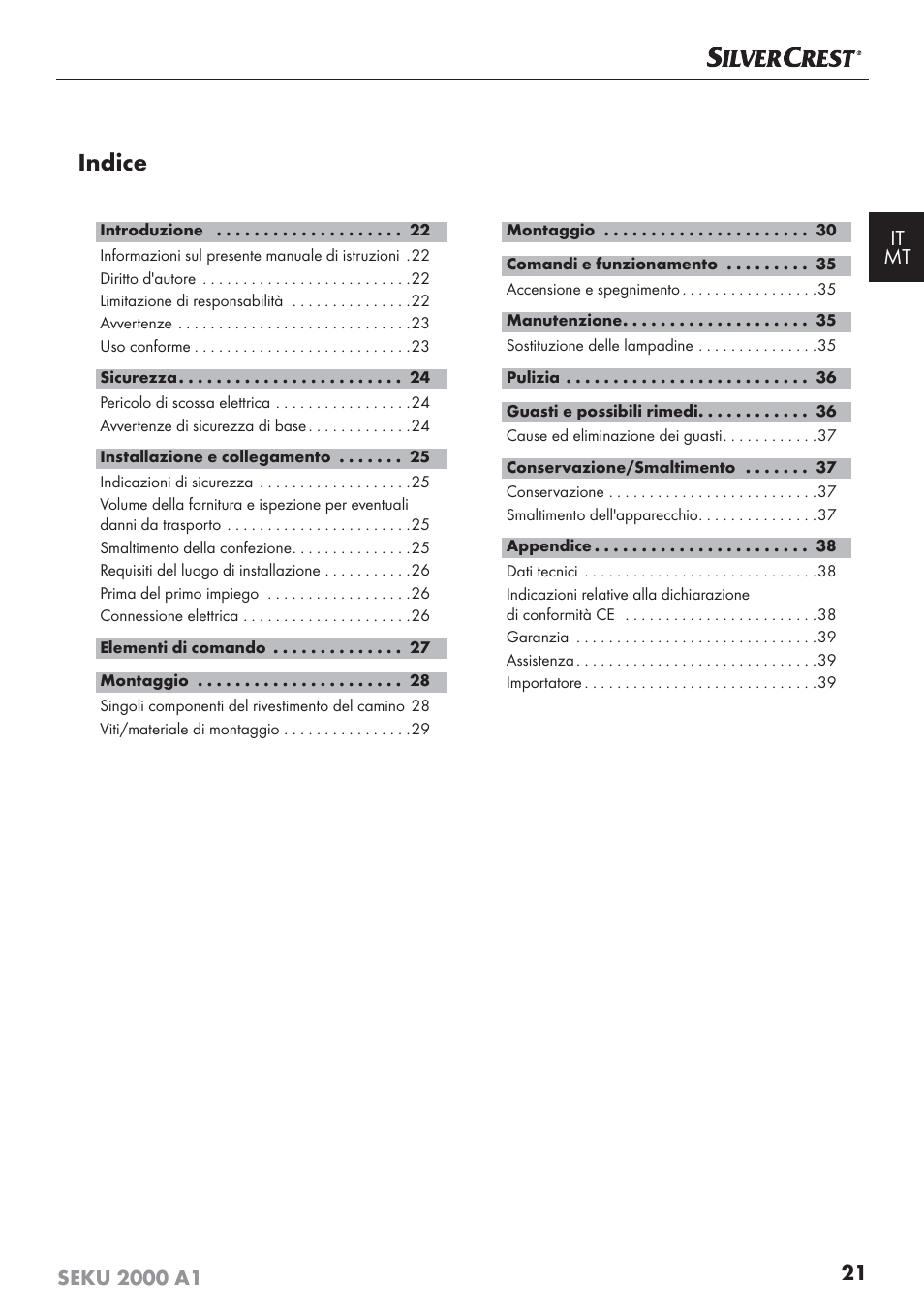 Indice | Silvercrest SEKU 2000 A1 User Manual | Page 22 / 101