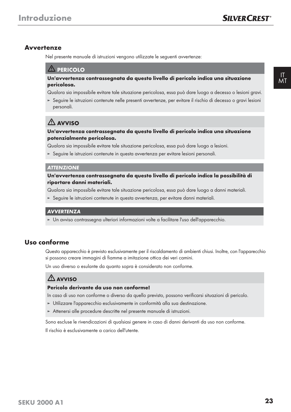 Introduzione, Uso conforme | Silvercrest SEKU 2000 A1 User Manual | Page 24 / 101