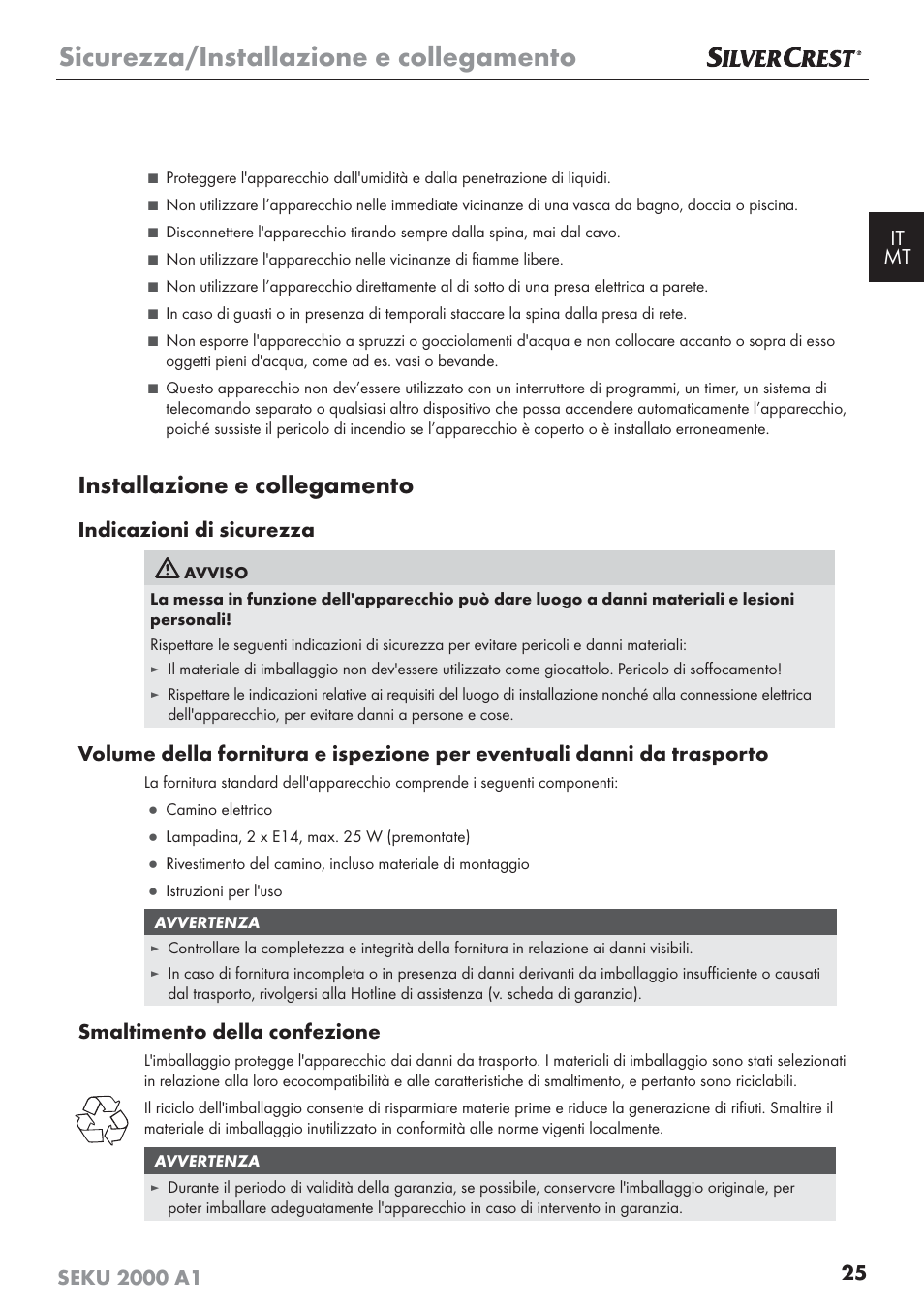 Sicurezza/installazione e collegamento, Installazione e collegamento, Indicazioni di sicurezza | Smaltimento della confezione | Silvercrest SEKU 2000 A1 User Manual | Page 26 / 101