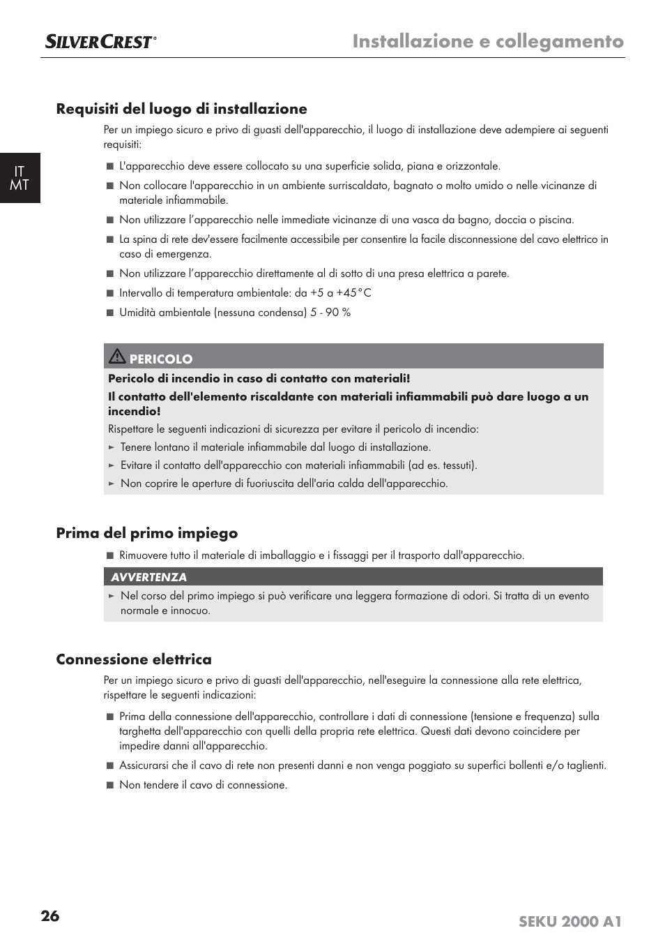 Installazione e collegamento, Prima del primo impiego, Connessione elettrica | Silvercrest SEKU 2000 A1 User Manual | Page 27 / 101