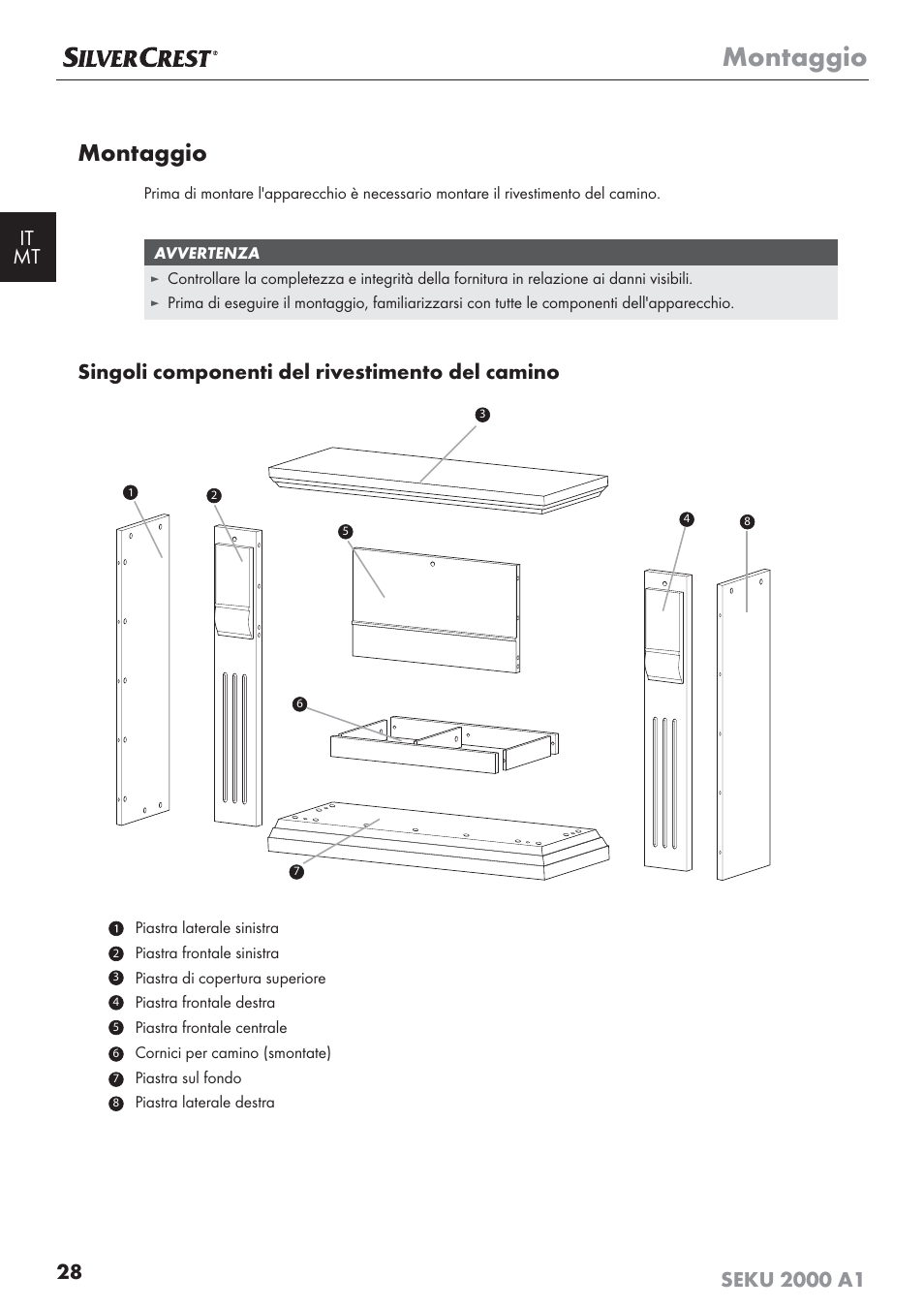 Montaggio, Singoli componenti del rivestimento del camino | Silvercrest SEKU 2000 A1 User Manual | Page 29 / 101