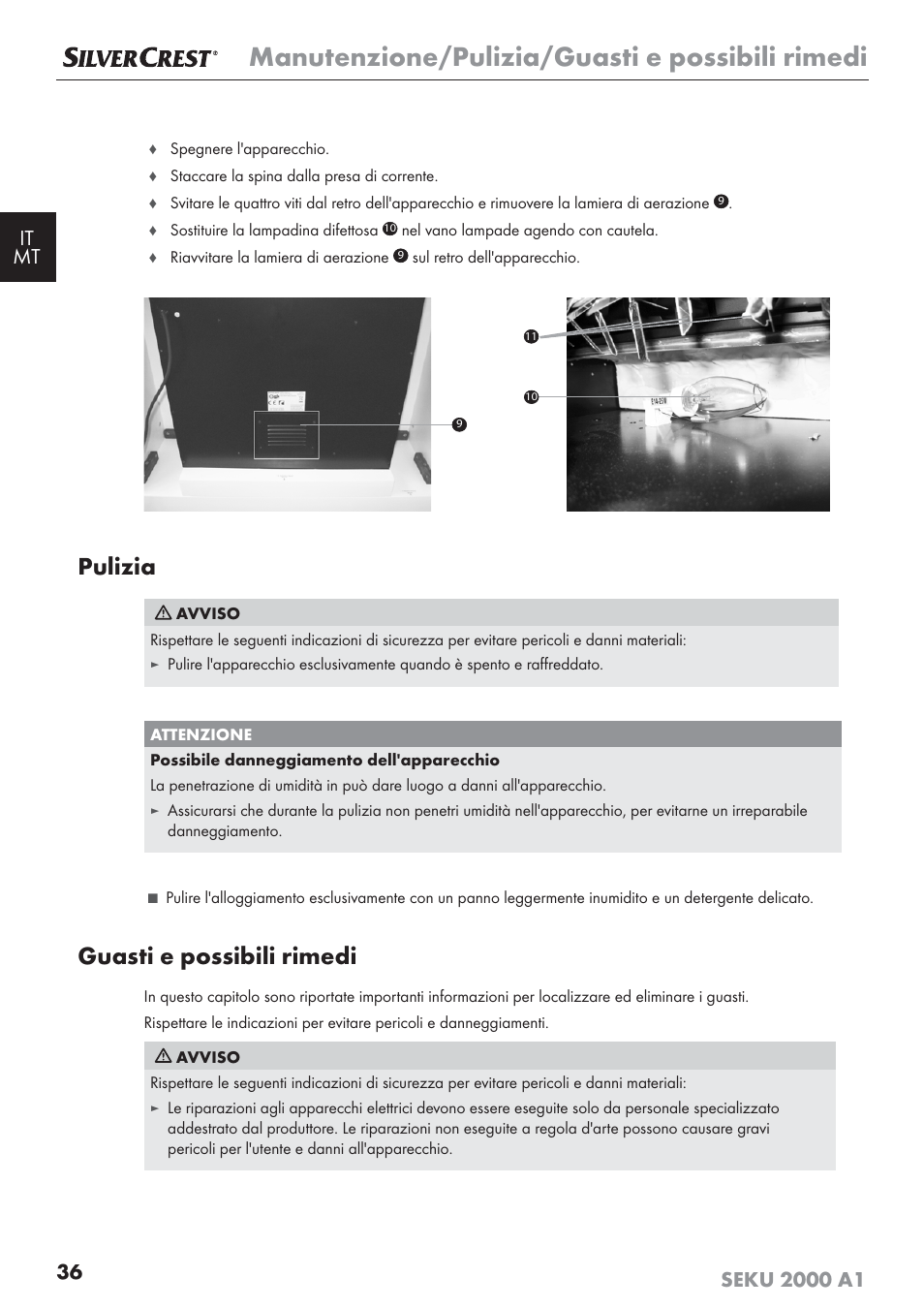 Manutenzione/pulizia/guasti e possibili rimedi, Pulizia, Guasti e possibili rimedi | Silvercrest SEKU 2000 A1 User Manual | Page 37 / 101