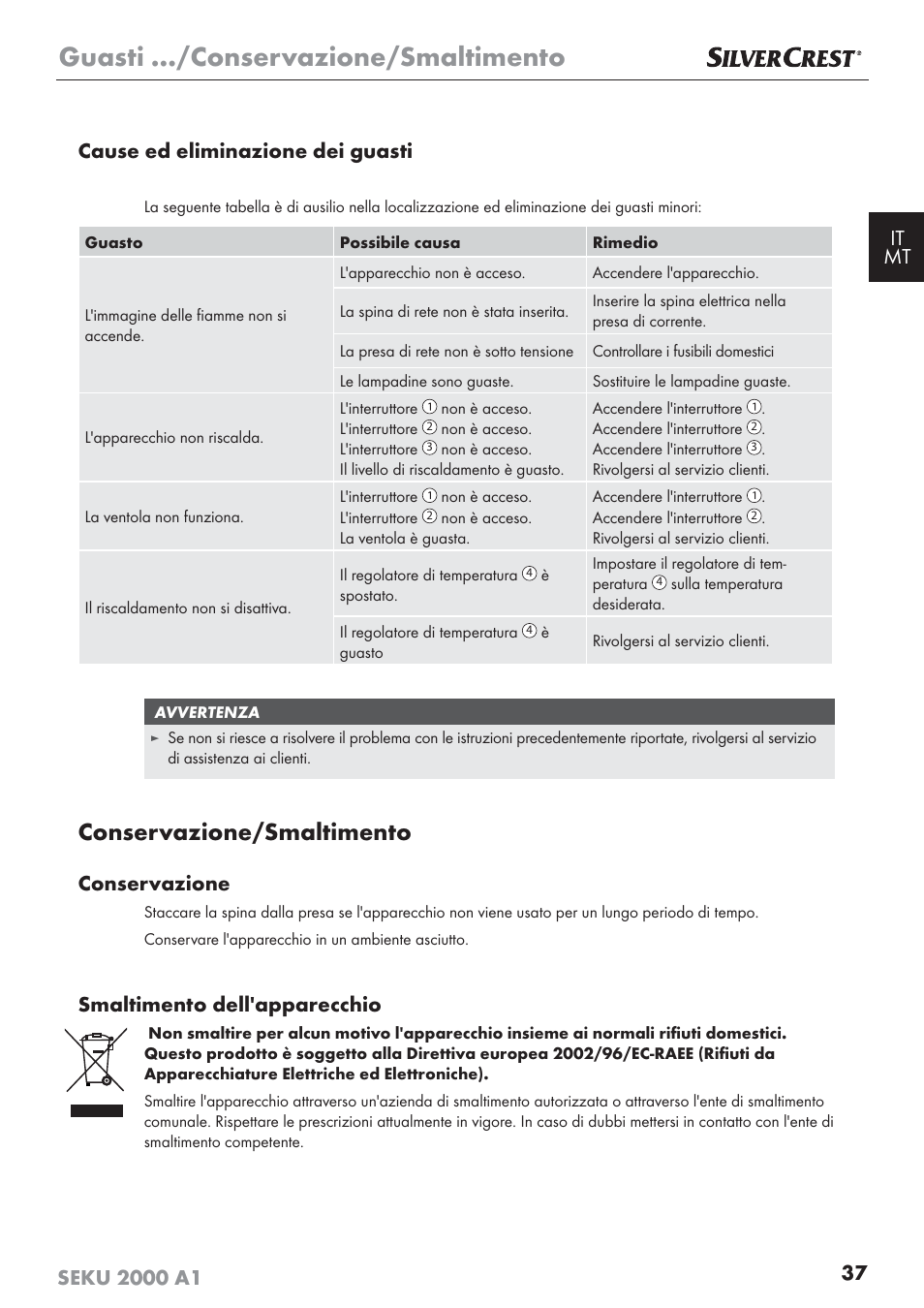 Guasti …/conservazione/smaltimento, Conservazione/smaltimento, Conservazione | Smaltimento dell'apparecchio | Silvercrest SEKU 2000 A1 User Manual | Page 38 / 101