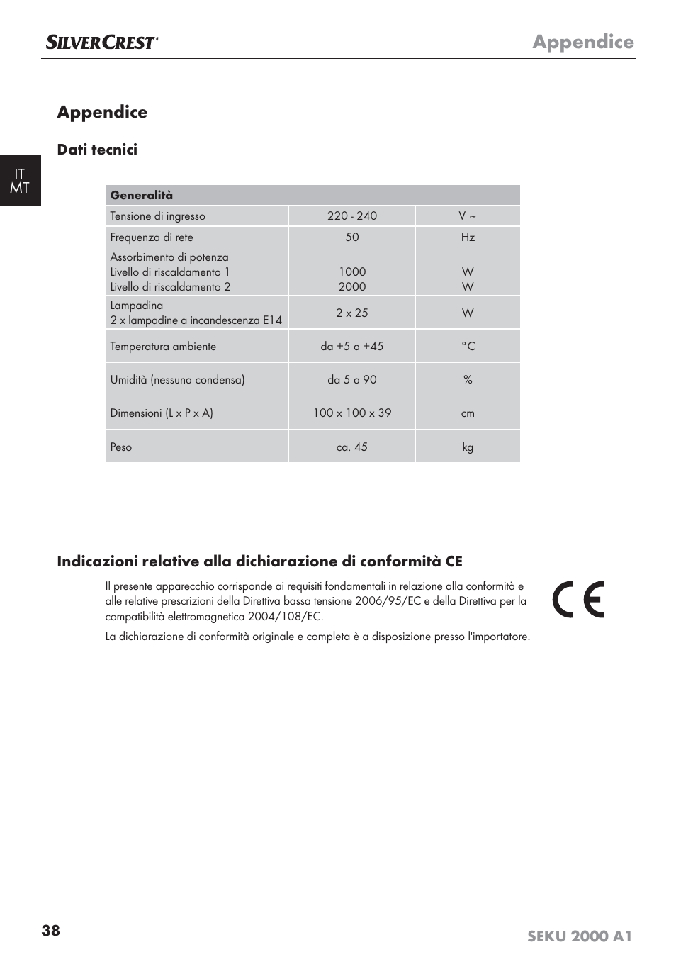 Appendice, Dati tecnici | Silvercrest SEKU 2000 A1 User Manual | Page 39 / 101