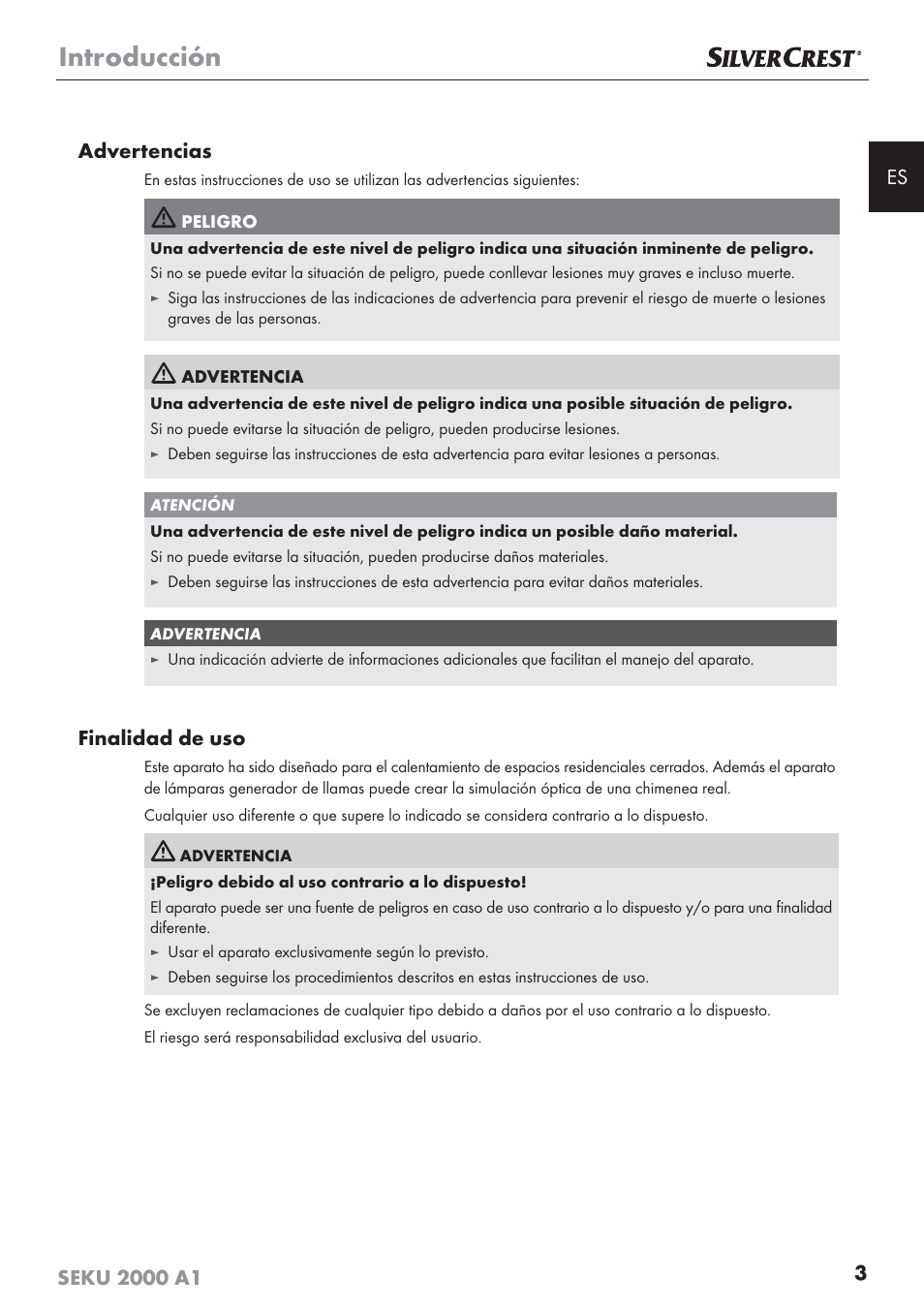 Introducción, Finalidad de uso | Silvercrest SEKU 2000 A1 User Manual | Page 4 / 101