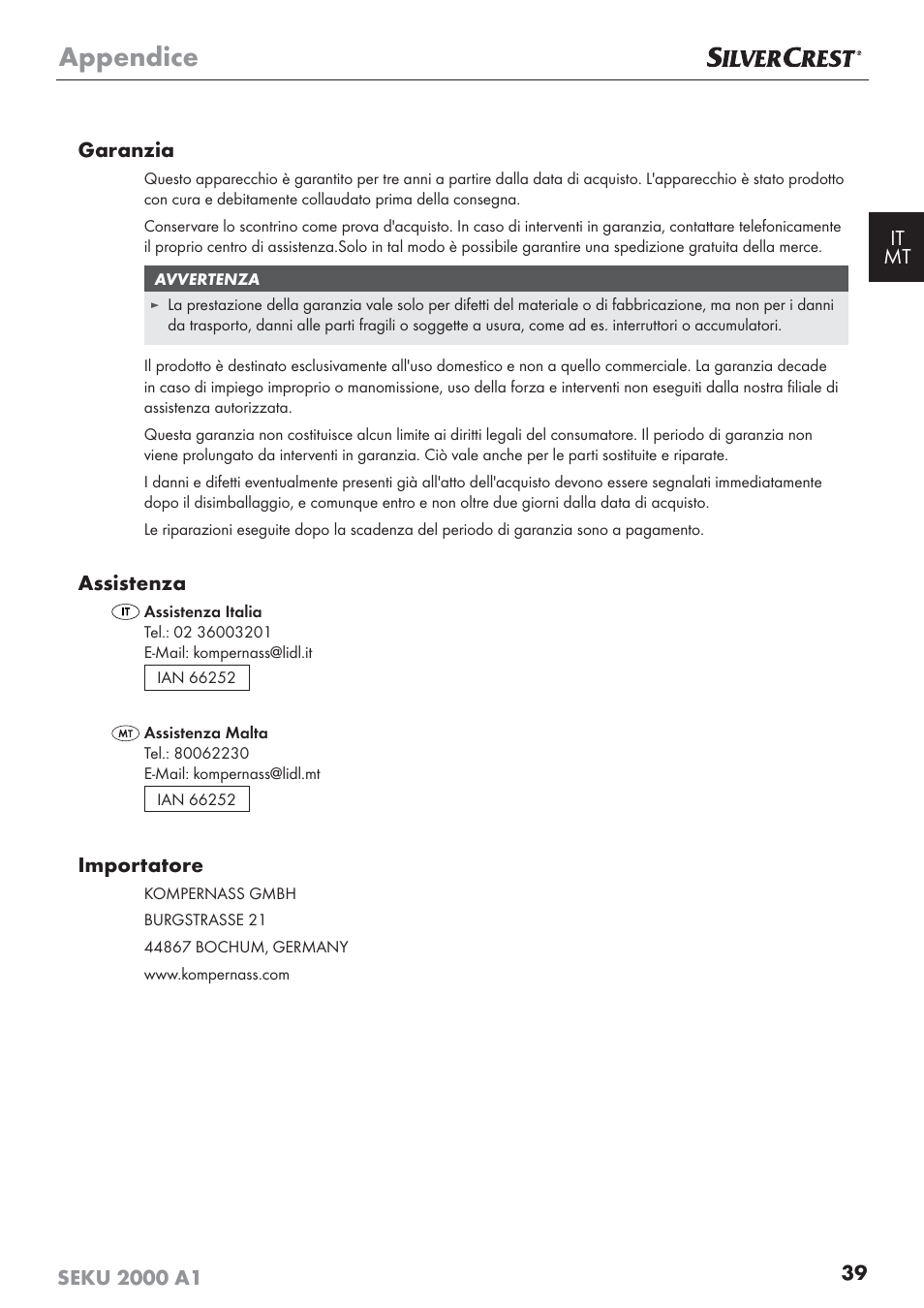 Appendice, Assistenza, Importatore | Silvercrest SEKU 2000 A1 User Manual | Page 40 / 101