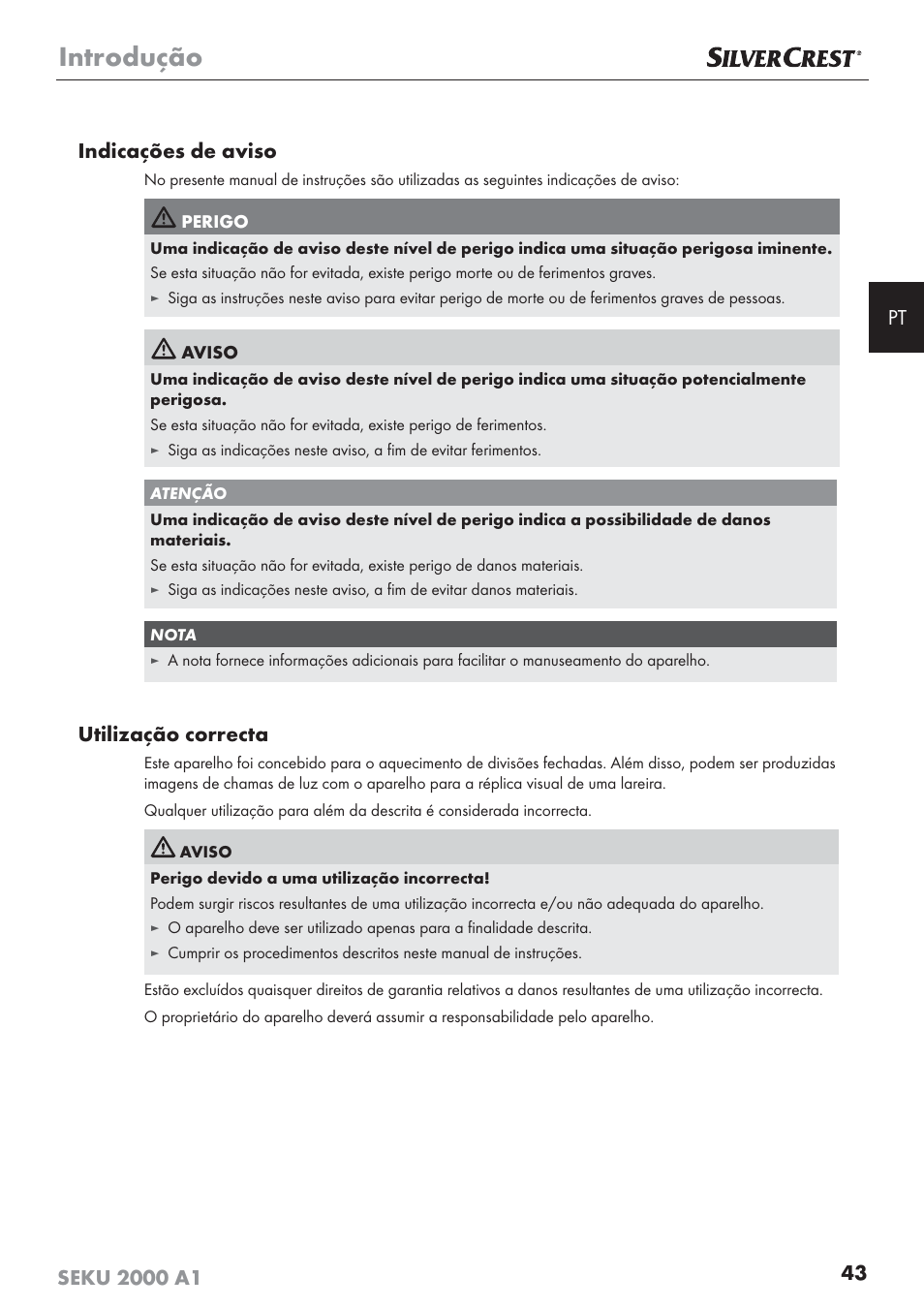 Introdução, Utilização correcta | Silvercrest SEKU 2000 A1 User Manual | Page 44 / 101