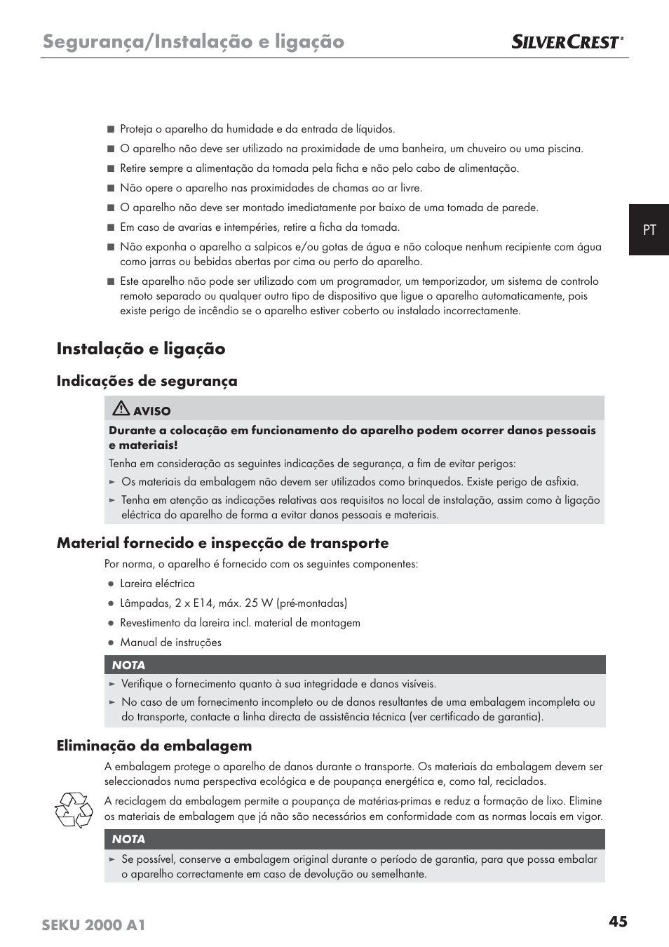 Segurança/instalação e ligação, Instalação e ligação, Indicações de segurança | Material fornecido e inspecção de transporte, Eliminação da embalagem | Silvercrest SEKU 2000 A1 User Manual | Page 46 / 101