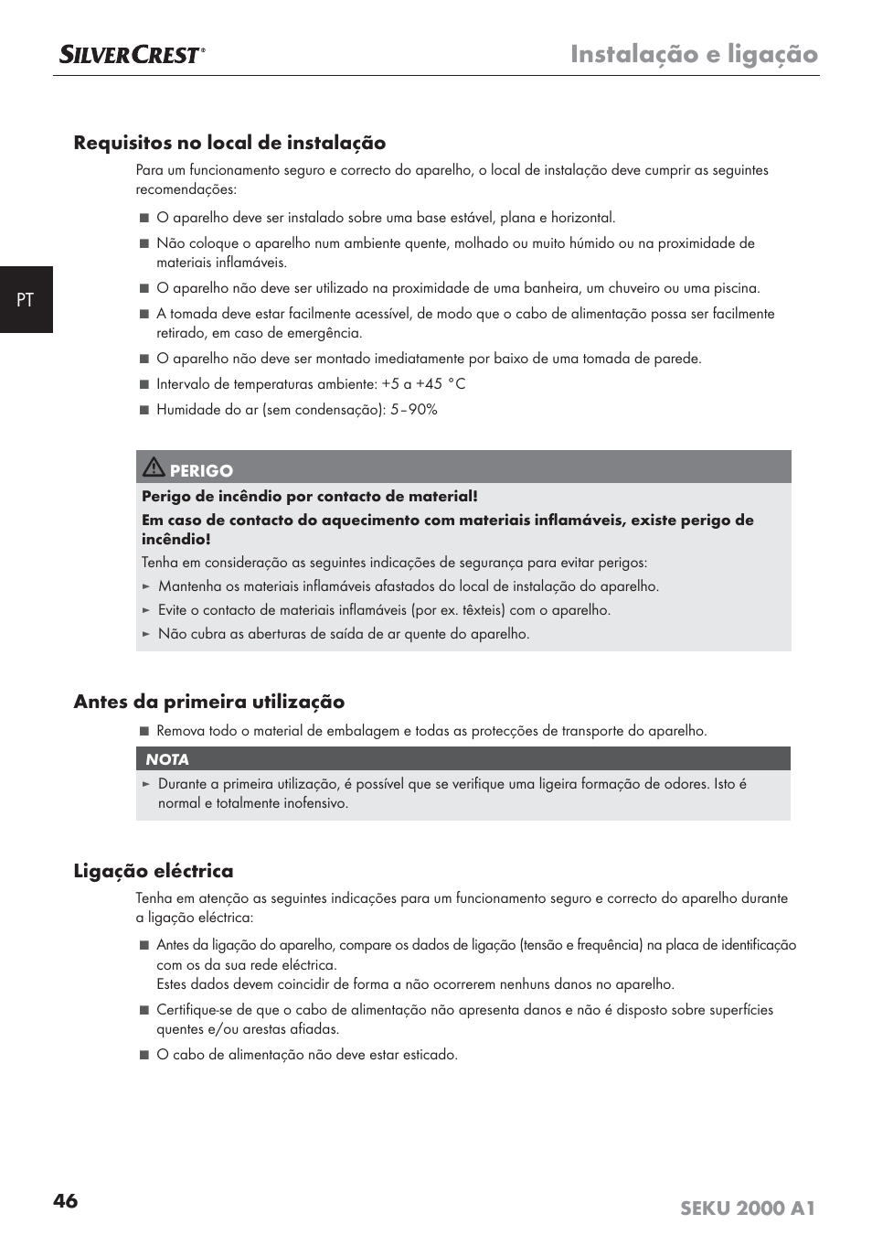 Instalação e ligação, Antes da primeira utilização, Ligação eléctrica | Silvercrest SEKU 2000 A1 User Manual | Page 47 / 101