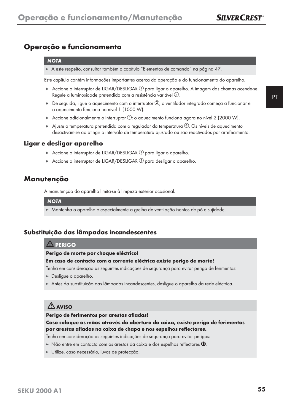 Operação e funcionamento/manutenção, Operação e funcionamento, Manutenção | Ligar e desligar aparelho, Substituição das lâmpadas incandescentes | Silvercrest SEKU 2000 A1 User Manual | Page 56 / 101