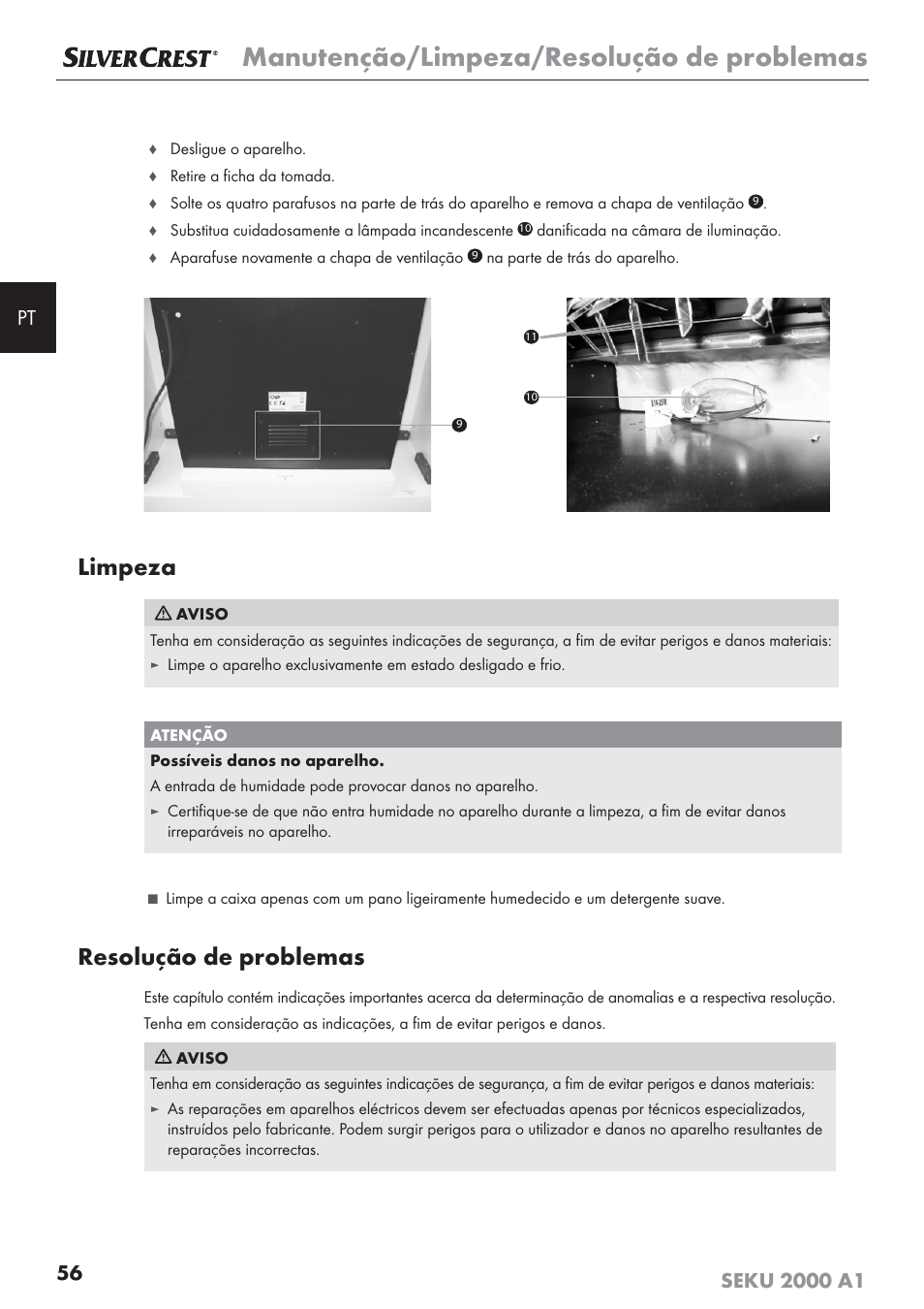 Manutenção/limpeza/resolução de problemas, Limpeza, Resolução de problemas | Silvercrest SEKU 2000 A1 User Manual | Page 57 / 101