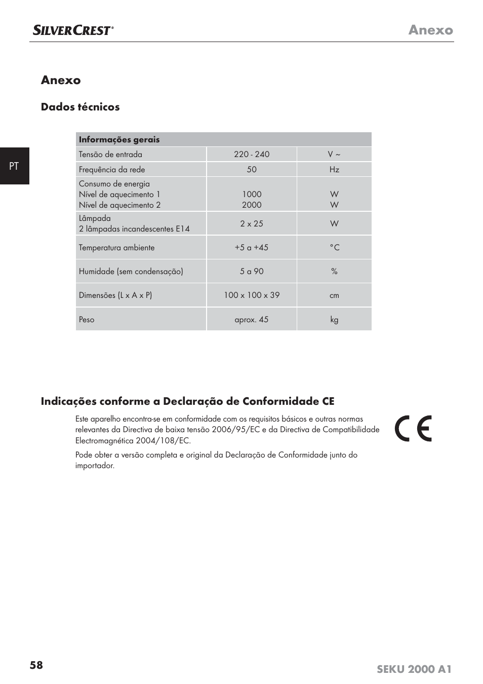 Anexo, Dados técnicos | Silvercrest SEKU 2000 A1 User Manual | Page 59 / 101