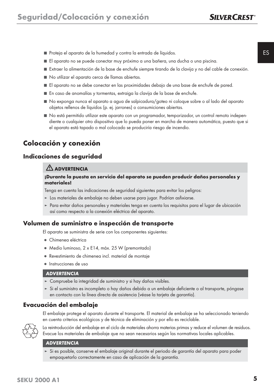 Seguridad/colocación y conexión, Colocación y conexión, Indicaciones de seguridad | Volumen de suministro e inspección de transporte, Evacuación del embalaje | Silvercrest SEKU 2000 A1 User Manual | Page 6 / 101