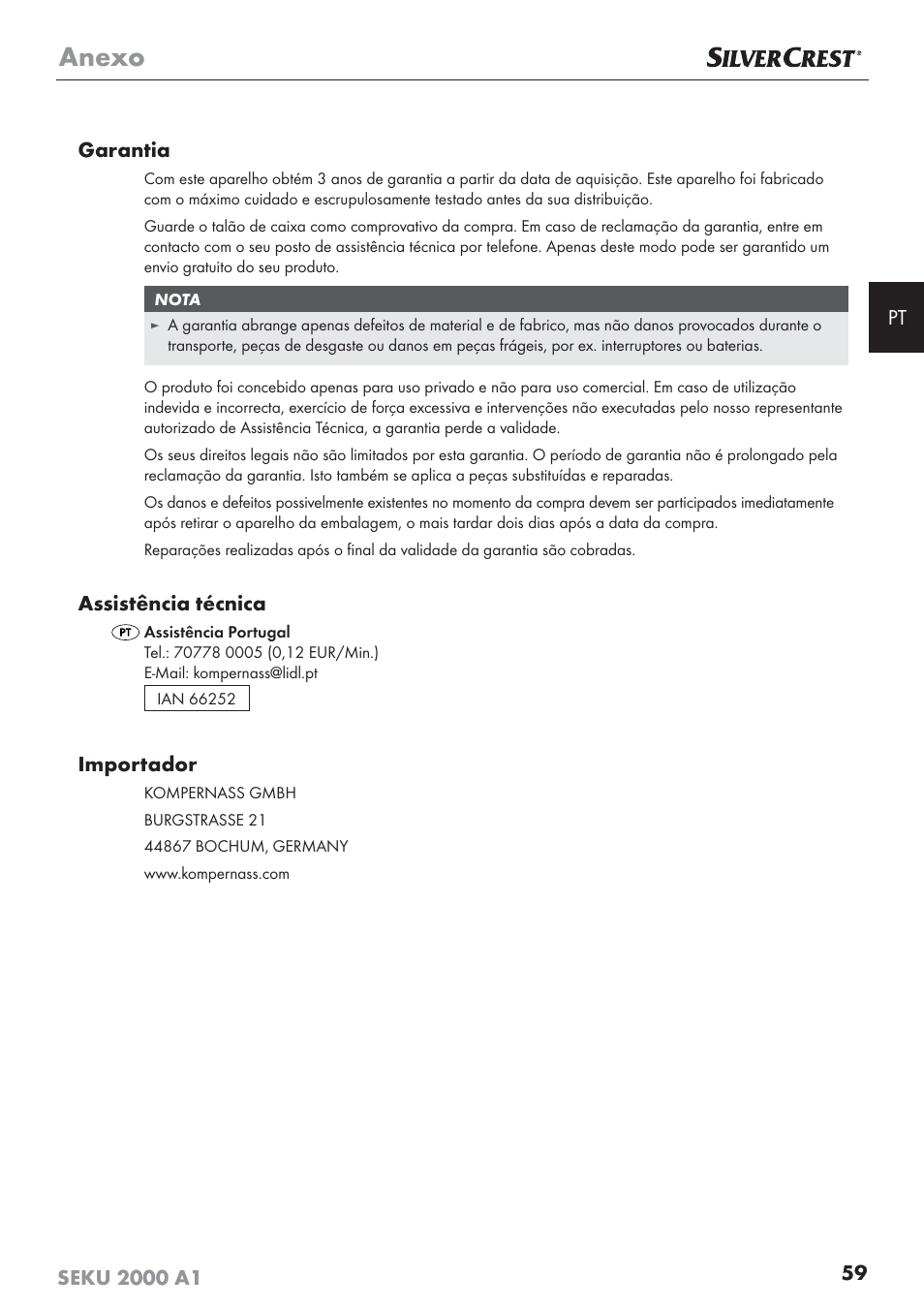 Anexo, Assistência técnica, Importador | Silvercrest SEKU 2000 A1 User Manual | Page 60 / 101