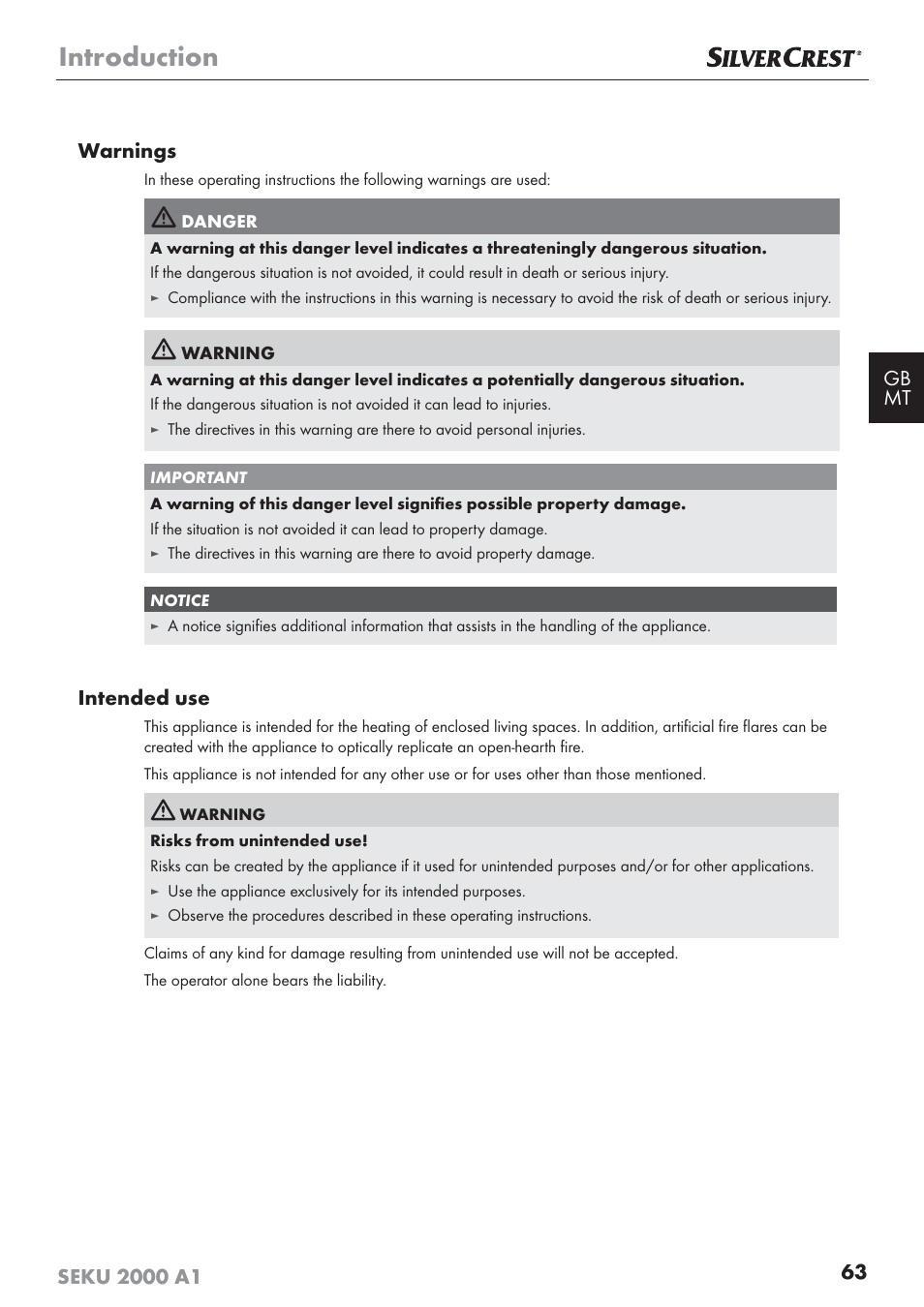 Introduction, Intended use | Silvercrest SEKU 2000 A1 User Manual | Page 64 / 101