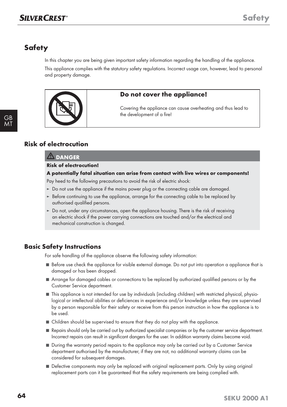 Safety, Do not cover the appliance, Risk of electrocution | Basic safety instructions | Silvercrest SEKU 2000 A1 User Manual | Page 65 / 101