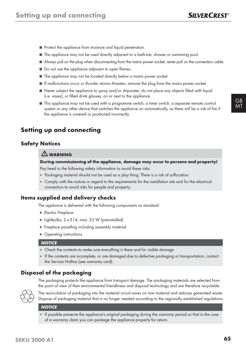 Setting up and connecting, Safety notices, Items supplied and delivery checks | Disposal of the packaging | Silvercrest SEKU 2000 A1 User Manual | Page 66 / 101