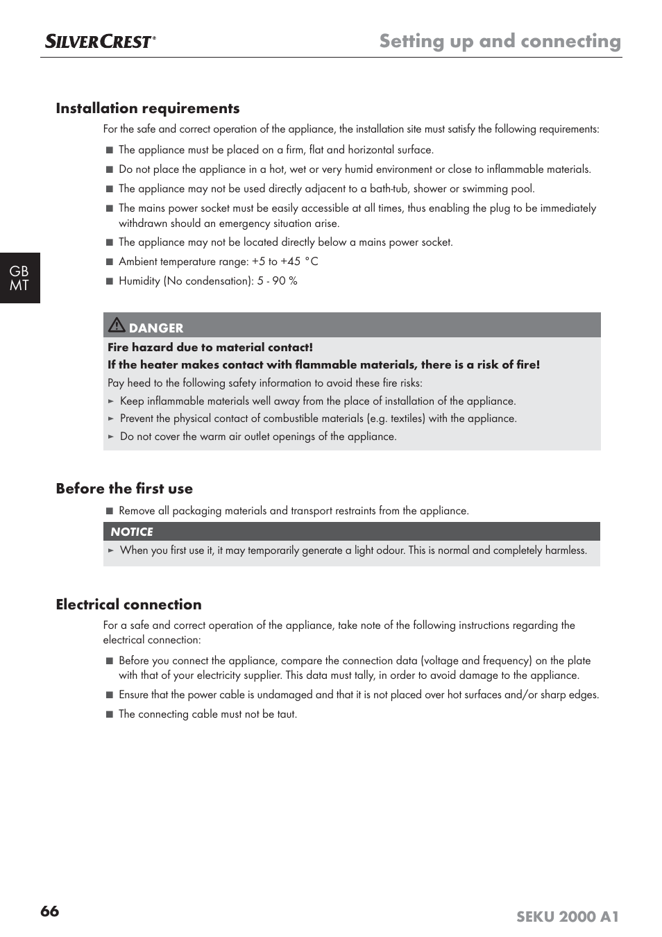 Setting up and connecting, Before the ﬁ rst use, Electrical connection | Silvercrest SEKU 2000 A1 User Manual | Page 67 / 101