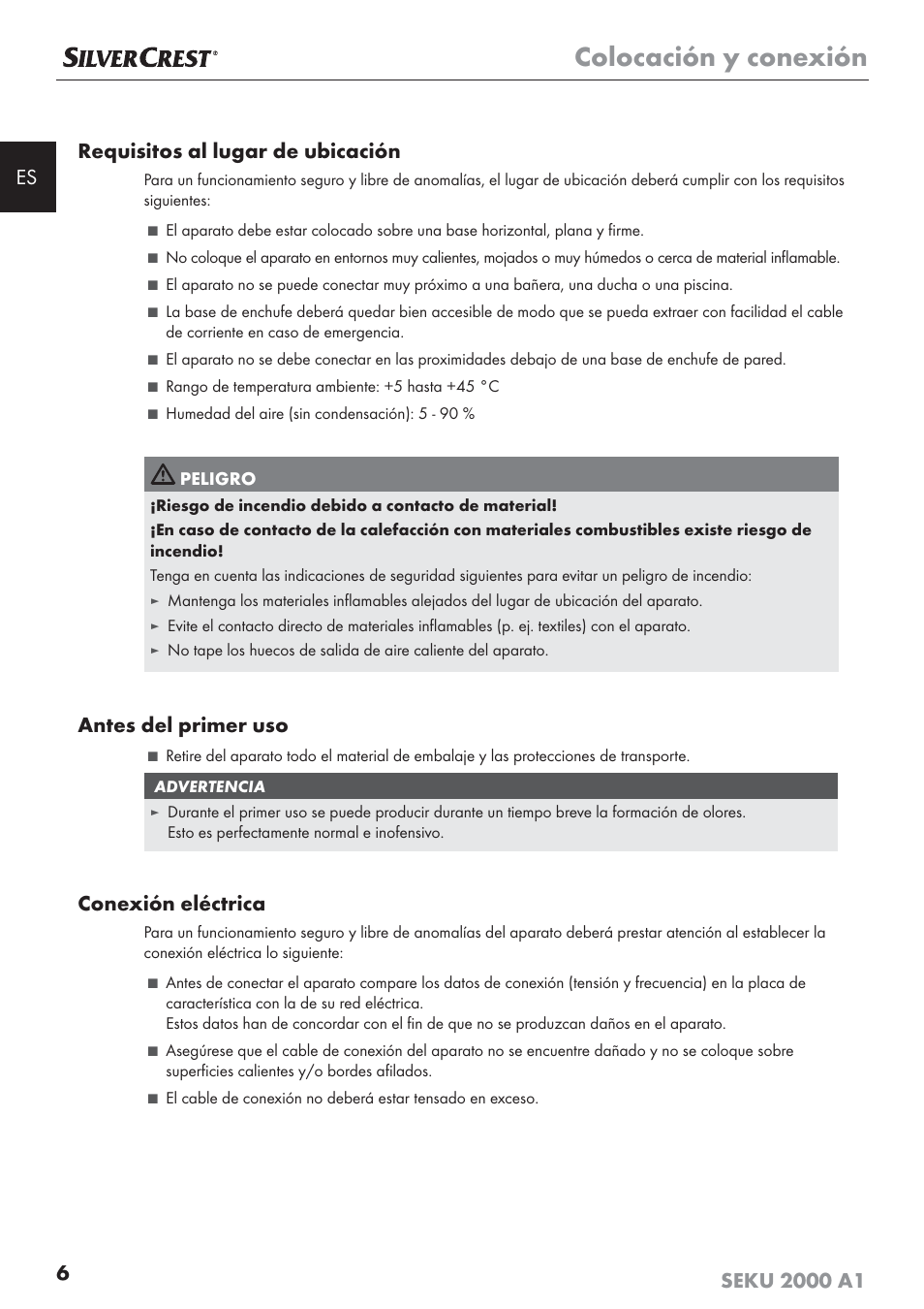 Colocación y conexión, Antes del primer uso, Conexión eléctrica | Silvercrest SEKU 2000 A1 User Manual | Page 7 / 101