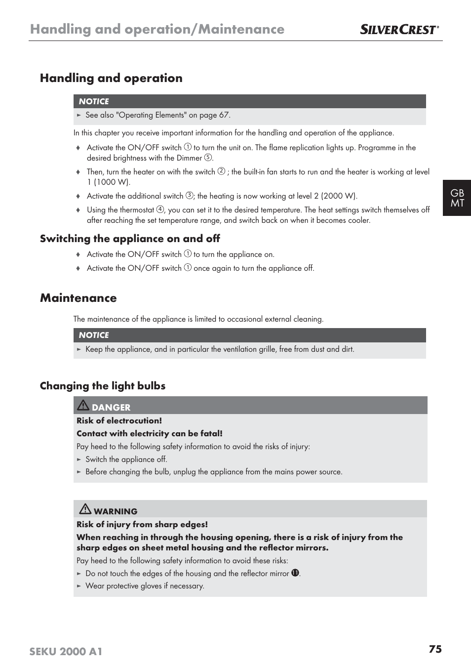 Handling and operation/maintenance, Handling and operation, Maintenance | Switching the appliance on and oﬀ, Changing the light bulbs | Silvercrest SEKU 2000 A1 User Manual | Page 76 / 101