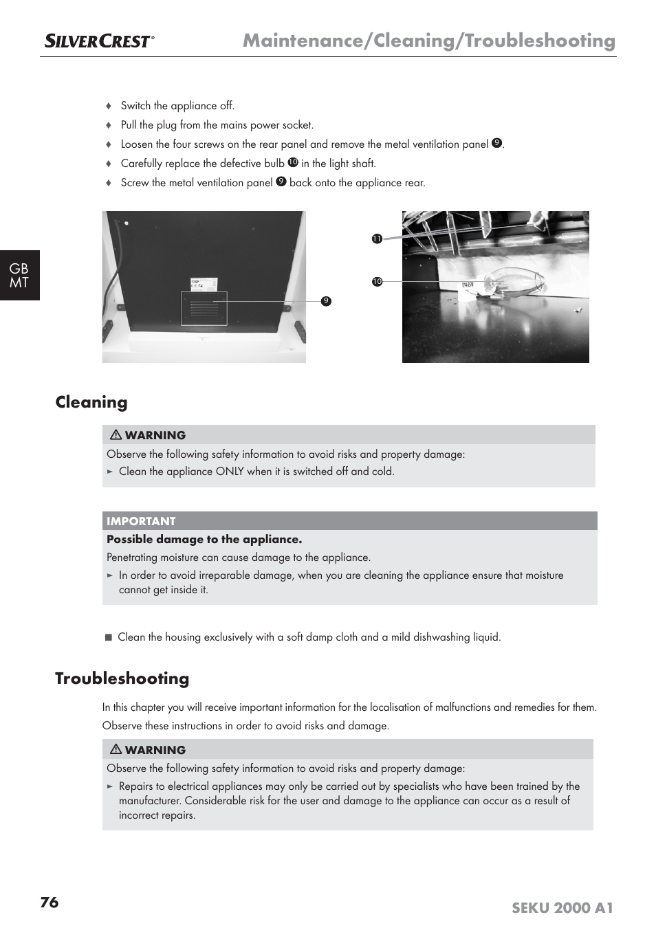 Maintenance/cleaning/troubleshooting, Cleaning, Troubleshooting | Silvercrest SEKU 2000 A1 User Manual | Page 77 / 101