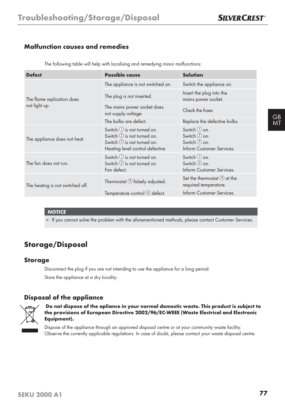 Troubleshooting/storage/disposal, Storage/disposal, Storage | Disposal of the appliance | Silvercrest SEKU 2000 A1 User Manual | Page 78 / 101