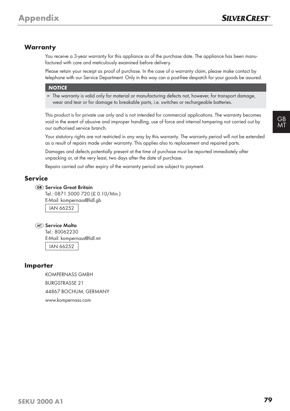 Appendix, Service, Importer | Silvercrest SEKU 2000 A1 User Manual | Page 80 / 101